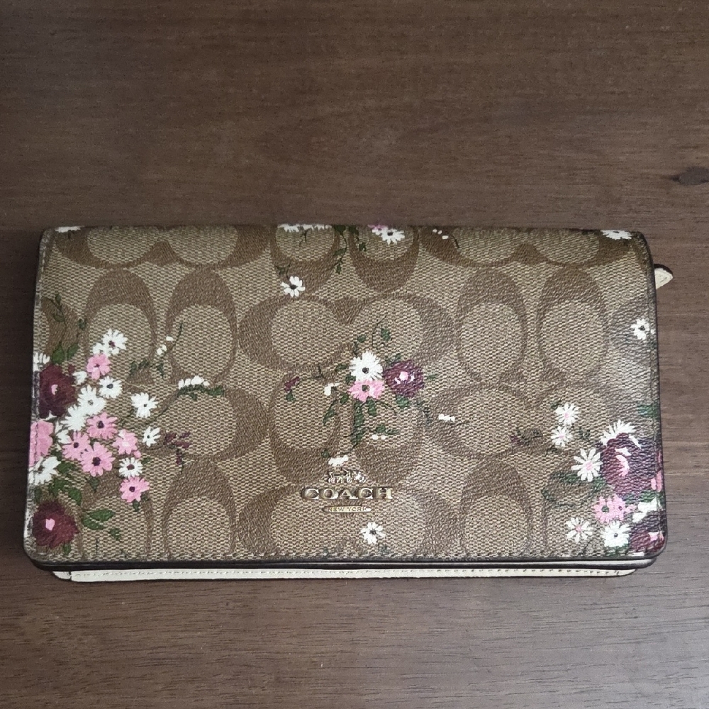 Coach Brown and Pink Clutch with Floral Accents